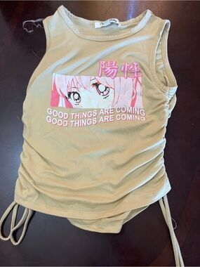 Good Things Are Coming Anime Graphic Tank - Sage Green & Pink